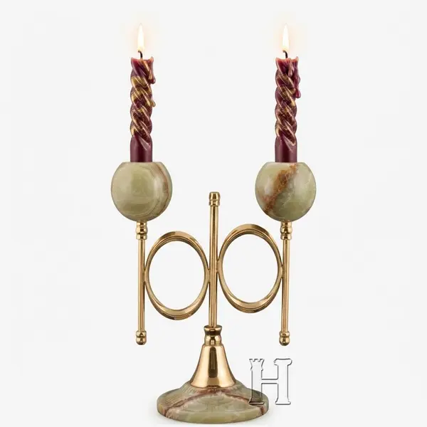 Natural Green Onyx Stone Dual Branch Cygnus Candle Holder with Gold Brass Accents – Luxury 2-Light Decorative Candelabra