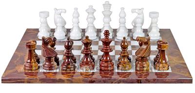 Luxury Red Onyx and White Marble European Chess Set with Faux Leather Storage Box – Handcrafted Stone Chessboard & Pieces for Collectors and Gift