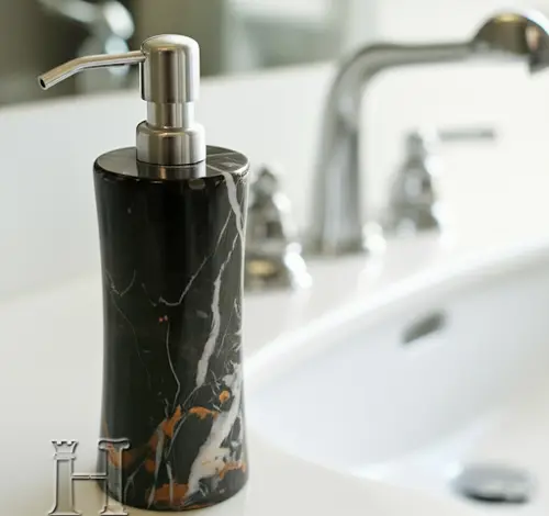 Luxury Black and Gold Marble Natural Stone Soap Dispenser for Bathroom and Kitchen – Elegant Handcrafted Liquid Soap Pump – Modern Countertop Accessory