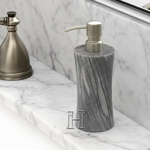 Sunny Grey Marble Natural Stone Soap Dispenser for Bathroom & Kitchen – Handmade Luxury Refillable Lotion Pump Bottle – Modern Gray Marble Vanity Accessory – Eco-Friendly Home Décor