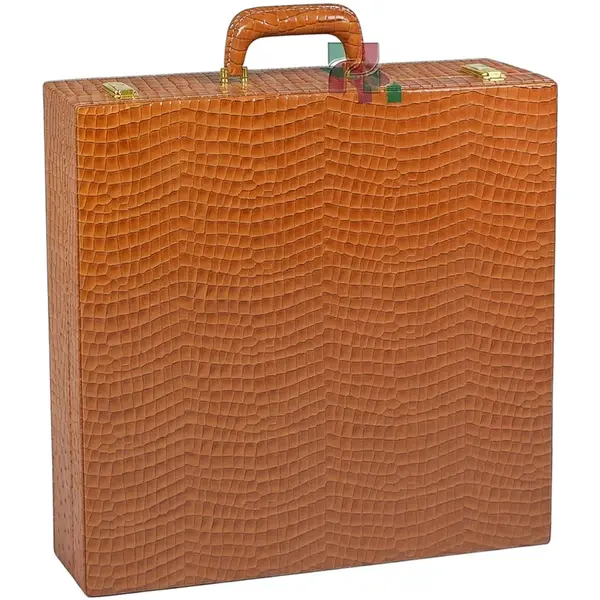 Tangerine Croco PU Leather Chess Set Storage Box with Carrying Handle – Stylish and Durable Chess Piece Organizer for Travel and Home