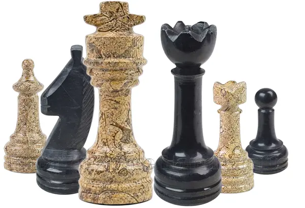Handcrafted Jet Black and Coral Fossil Marble Chess Set | Luxury Polished Stone Chess Pieces for Strategy Enthusiasts
