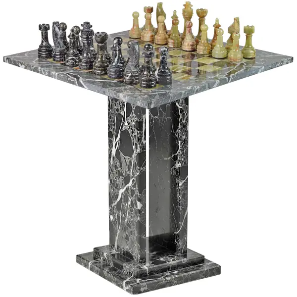 Luxury Black Zebra Marble and Green Onyx Chess Table – Handcrafted Natural Stone Game Table with Inlaid Chessboard for Home Décor and Gift