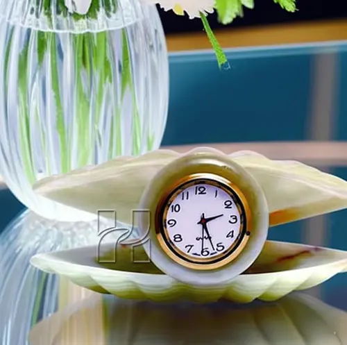 Hand-Carved Oyster Green Onyx Clock – Elegant Natural Stone Décor for Home and Office