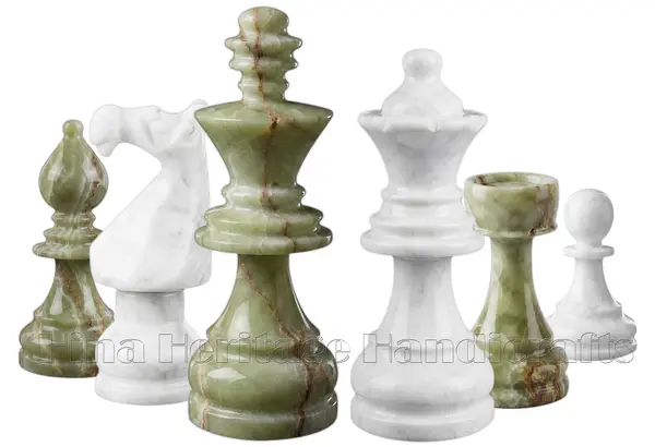 Natural Green Onyx and White Marble Chess Pieces Set - Artisan Crafted Staunton Chessmen for 16-Inch to 18-Inch Boards