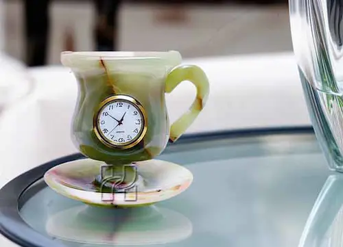Handcrafted 4x4 Inch Green Onyx Marble Cup Saucer Table Clock – Natural Stone Decorative Desk Clock for Home Office Décor