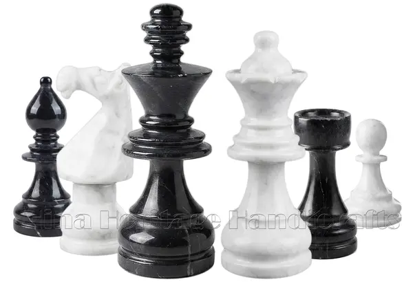 Luxury Hand-Carved Black & White Marble Chess Set – Traditional Staunton Style Stone Chess Pieces with Felted Bases 