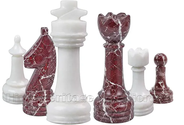 Premium Red Zebra Stone and White Marble Chess Set, Professional Tournament Size Luxury Chess Board