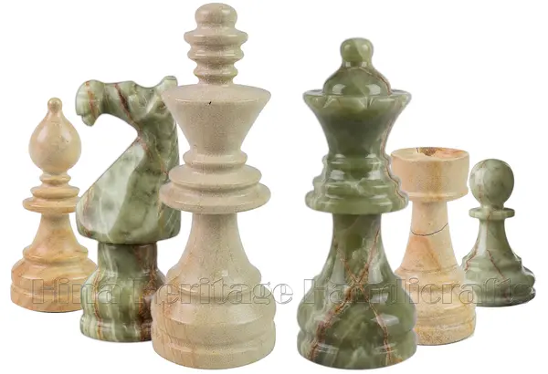 Exquisite 3.5-Inch King Staunton Chess Pieces Set in Genuine Green Onyx and Premium Burma Teak – Artisan Hand-Carved Stone Chessmen