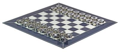 Dark Blue Cow Nappa Leather Roll Up Chess Set with Marble Metallic Edge Checkers & Leather Storage Tube – Travel Chess Game USA