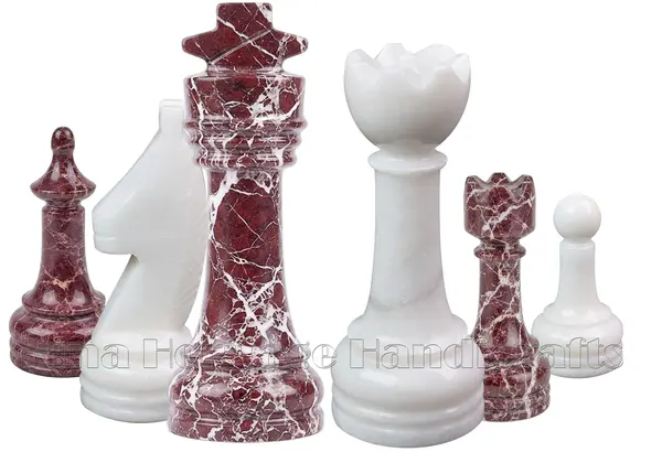 Premium Red Zebra Stone and White Marble Chess Set, Professional Tournament Size Luxury Chess Board