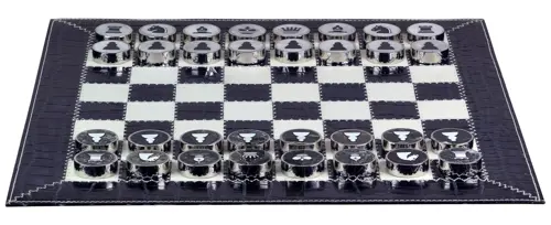 Luxury Dark Blue Croco Leather Roll Up Chess Set with Marble Checkers and Leather Storage Tube