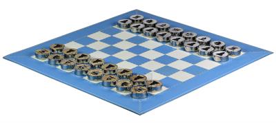 Luxury Sky Blue Leather Chess Set with Zig-Zag Stitching – Marble Checkers with Metallic Edges & Leather Storage Tube