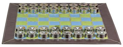 Multicolor Leather Roll Up Chess Set – Sky Blue, Green & Brown with Marble Metallic Edge Checkers & Leather Storage Tube – Travel-Friendly & Handmade 