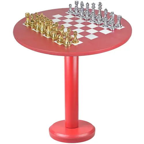 16-Inch Crimson Red Leather Chess Table – Rounded Luxury Game Table for Home Decor- hinaheritagehandicraft