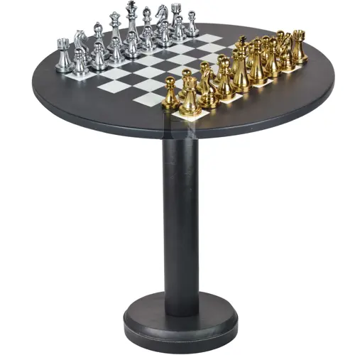 Handcrafted 16 Inch Rounded Chess Table with Storage, featuring Deluxe Golden & Silver Brass Chessmen