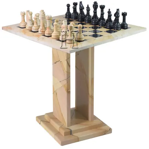 Luxury Burma Teak / Jasper and Black Marble Chess Table – Handmade Natural Stone & Solid Wood Chessboard Table for Home Décor, Gifts & Game Room