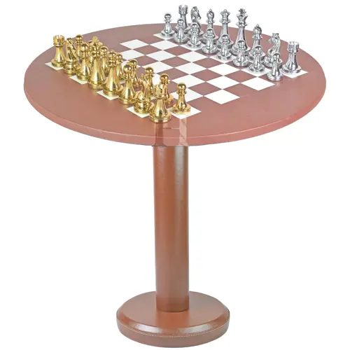 Brown Leather 16-Inch Round Chess Table with Brass Chess Pieces – Luxury Gold & Silver Chess Set