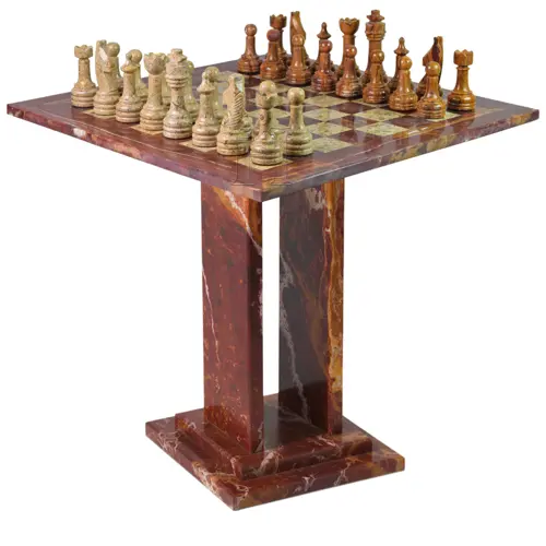 Red Onyx & Coral Marble Chess Table – Handmade Natural Stone Chessboard with Stand, Luxury Home Décor & Game Table