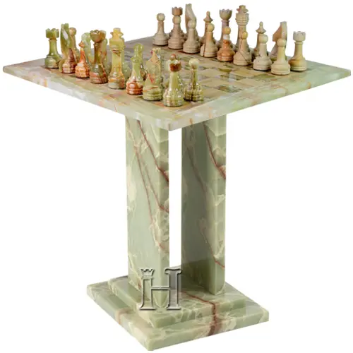 Luxury Green Onyx and Burma Teak Marble Chess Table – 18x18 Inch Handcrafted Stone Chessboard with Pedestal Stand for Home Décor & Tournament Play