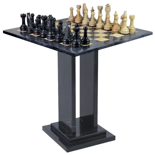 Luxury Jet Black & Burma Teak Marble Chess Table – Handmade Natural Stone 18x18 Inch Board with Elegant Stand for Home, Office & Gift Décor