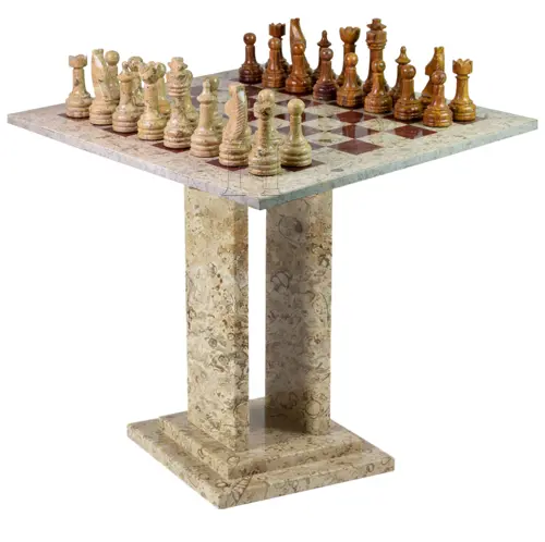 Luxury Coral and Red Onyx Marble Chess Table – Handcrafted Natural Stone Game Table with Inlaid Chessboard for Home Décor & Gift