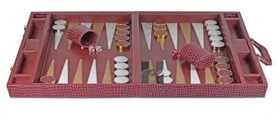 Luxury Burgundy Faux Leather Attache Backgammon Set | Inlaid Playing Point | Metallic Checkers & Dice Cups