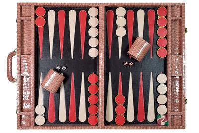 Luxury Pink Crocodile-Textured Faux Leather Attache Backgammon Set with Inlaid Playing Points and Dice Cups