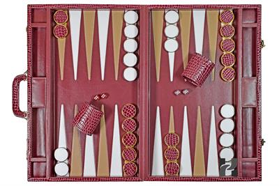 Luxury Burgundy Faux Leather Attache Backgammon Set | Inlaid Playing Point | Metallic Checkers & Dice Cups