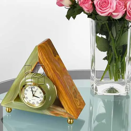 Handcrafted Triangular Green Onyx Clock with Brass Stand | Elegant Home or Office Decor