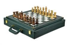 Premium Leather Chess & Backgammon Board – Zig Zag Stitching, Crown & Castle Series Wooden Staunton Chess Pieces, Brass Checkers & Faux Leather Storage Box