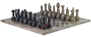 Oceanic  & Jet Black Marble Natural Stone Chess Set With Rustic Series Chess Pieces 