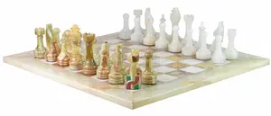 Luxury Natural Stone Chess Set | White & Green Onyx Board with Hand-Carved Rustic Style Chess Pieces