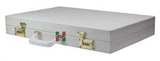 Luxury White Faux Leather Attache Backgammon Set with Dice Cups, 15 Silver & 15 Gold Plated Edge Checkers