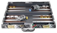 Multi-Grey Faux Snake Leather Attache Backgammon Set with Inlaid Points and Dice Cups – Luxury Travel Game Case