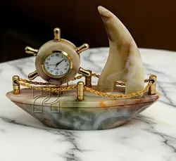 Hand-Carved Green Onyx Ship Clock with Gold Accents | Natural Stone Nautical Desk Decor