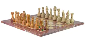 Handcrafted Red Onyx & Coral Marble Natural Stone Chess Set – Luxury Chess Board with Elegant Hand-Carved Rustic SeriesChess Pieces – Unique Decorative Chess Set for Collectors & Players