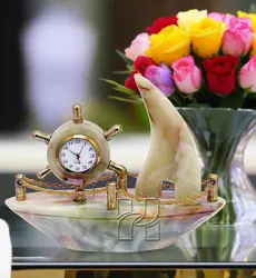 Hand-Carved Green Onyx Ship Clock with Gold Accents | Natural Stone Nautical Desk Decor