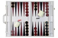 Luxury White Faux Leather Attache Backgammon Set with Dice Cups, 15 Silver & 15 Gold Plated Edge Checkers