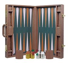 High-End Faux Leather Backgammon Set – Ostrich Texture, Inlaid Points & Metallic Checkers