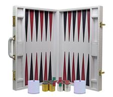 Luxury White Faux Leather Attache Backgammon Set with Dice Cups, 15 Silver & 15 Gold Plated Edge Checkers