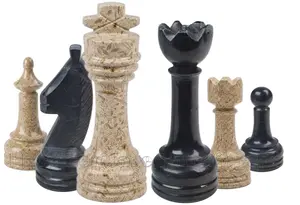 Handmade Jet Black and Tervera Fossil Stone Marble Chess Pieces Set – 32 Hand-Carved Natural Stone Chessmen with Felt Bottoms