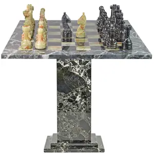 Luxury Black Zebra Marble and Green Onyx Chess Table – Handcrafted Natural Stone Game Table with Inlaid Chessboard for Home Décor and Gift
