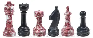 Rustic Series Strawberry and Jet Black Solid Marble Chess Pieces Set - Handcrafted Luxury Stone Chess Game