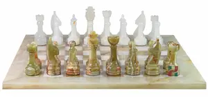 Luxury Natural Stone Chess Set | White & Green Onyx Board with Hand-Carved Rustic Style Chess Pieces