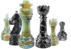 Handmade Black Zebra Marble and Green Onyx Chess Pieces Set – Luxury Stone Weighted Chess Pieces