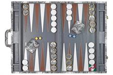 Multi-Grey Faux Snake Leather Attache Backgammon Set with Inlaid Points and Dice Cups – Luxury Travel Game Case