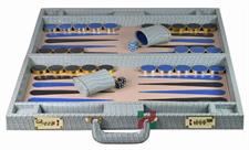 Luxury Faux Leather  Sky Blue Crocodile-Textured Backgammon Set with Dice Cups & 30 Gold/Silver Plated Checkers