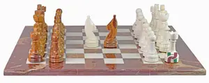 Handcrafted Luxury Red Onyx and Botticino Marble Chess Set - Premium 16-inch Decorative Stone Chess Board for Home Decor