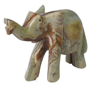 Handmade 4 Inch Green Onyx Elephant Figurine Trunk Up – Natural Genuine Stone Elephant Sculpture for Good Luck, Home Decor, and Office Desk Ornament